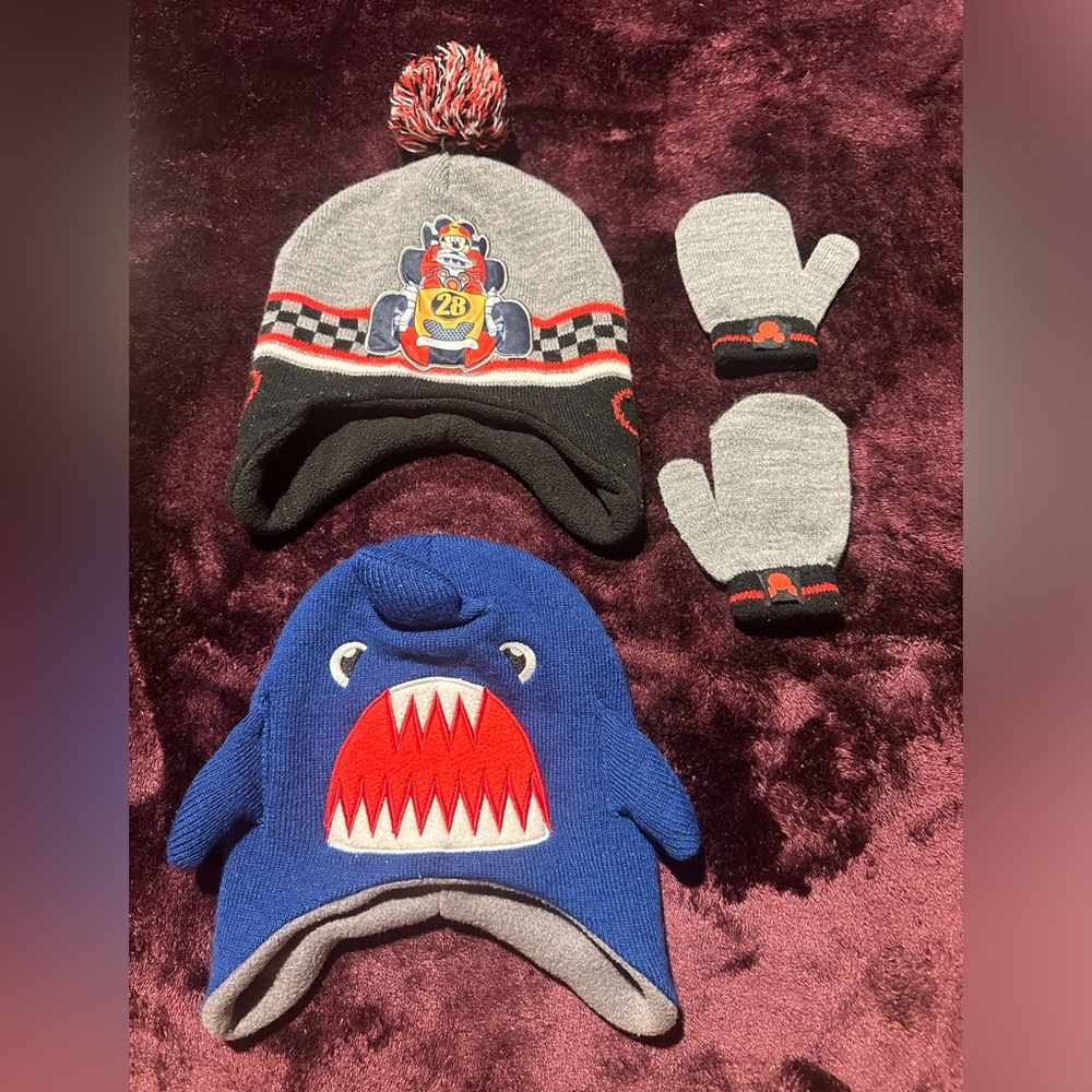 OSFM Mickey Mouse beanie/mittens and  shark beanie